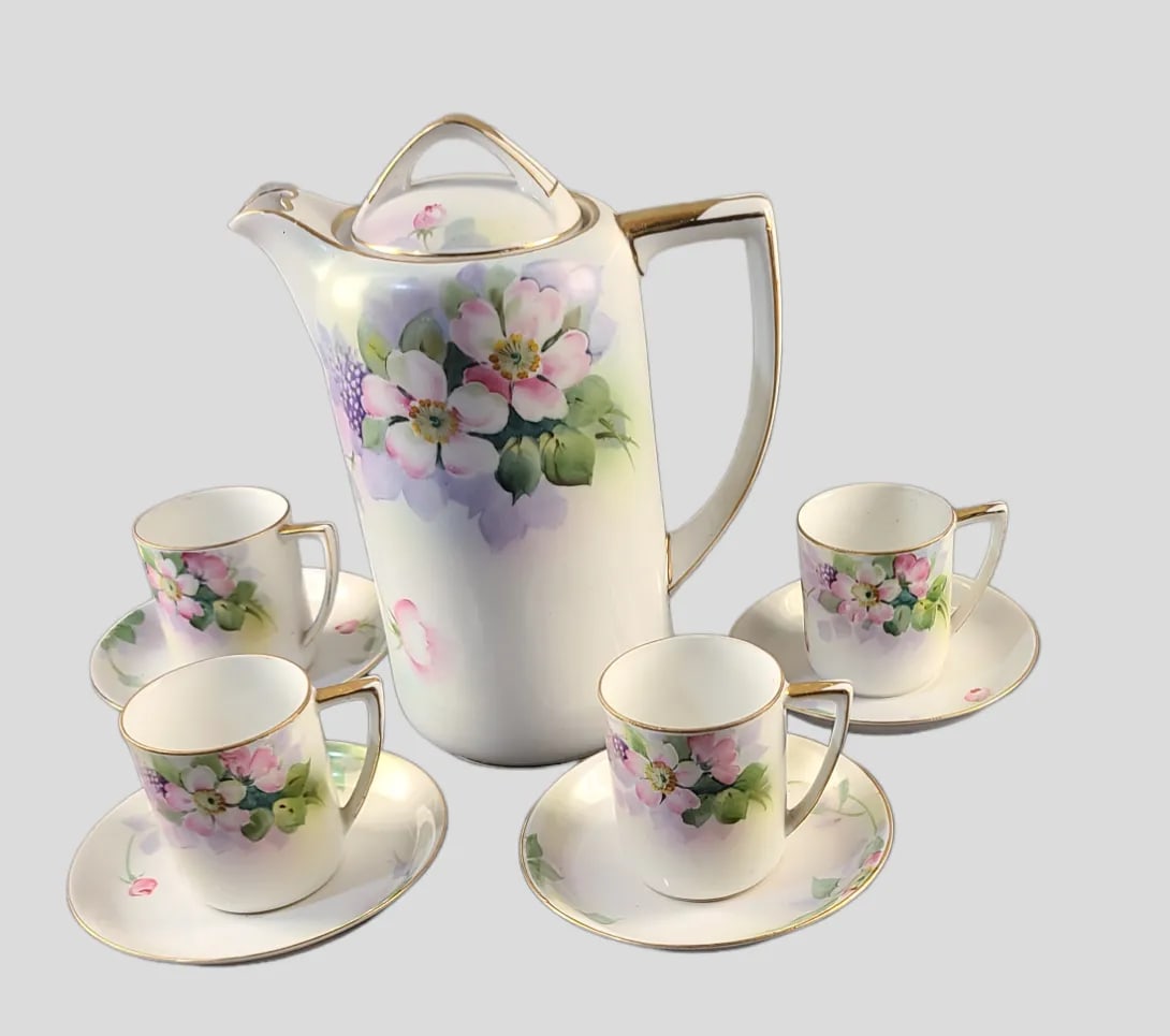 Vintage Nippon Hand-Painted Fine Porcelain Floral Chocolate Tea Set- 9 Pieces - 2