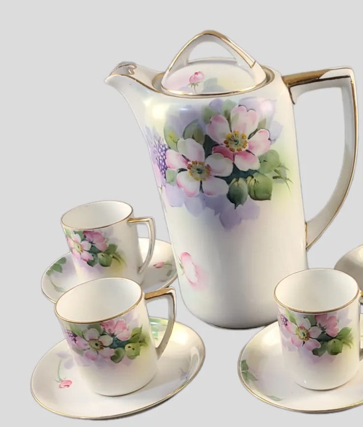 Vintage Nippon Hand-Painted Fine Porcelain Floral Chocolate Tea Set- 9 Pieces - 3