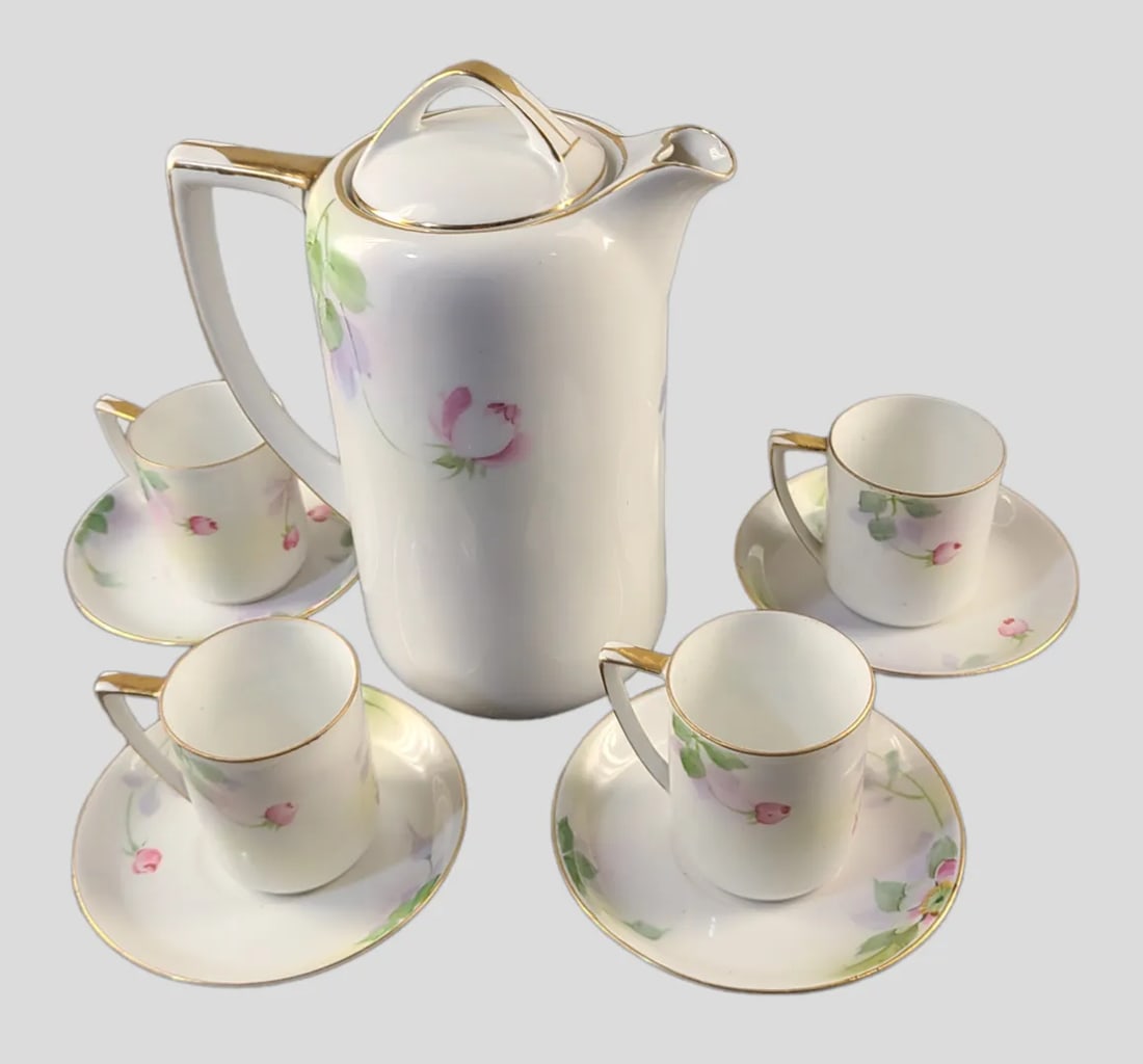 Vintage Nippon Hand-Painted Fine Porcelain Floral Chocolate Tea Set- 9 Pieces - 4