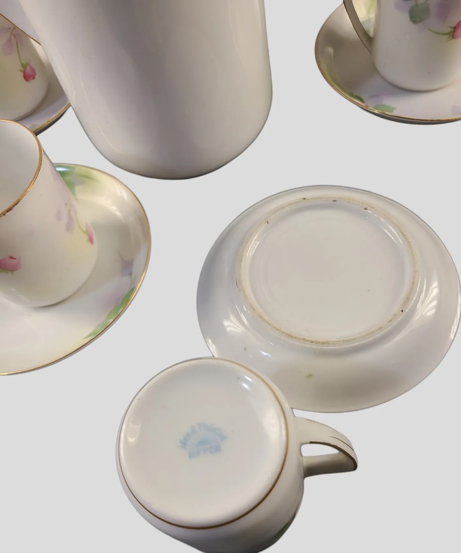 Vintage Nippon Hand-Painted Fine Porcelain Floral Chocolate Tea Set- 9 Pieces - 5