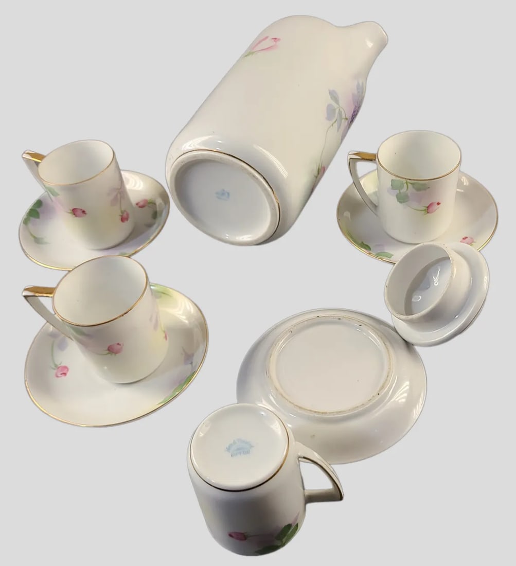 Vintage Nippon Hand-Painted Fine Porcelain Floral Chocolate Tea Set- 9 Pieces - 6