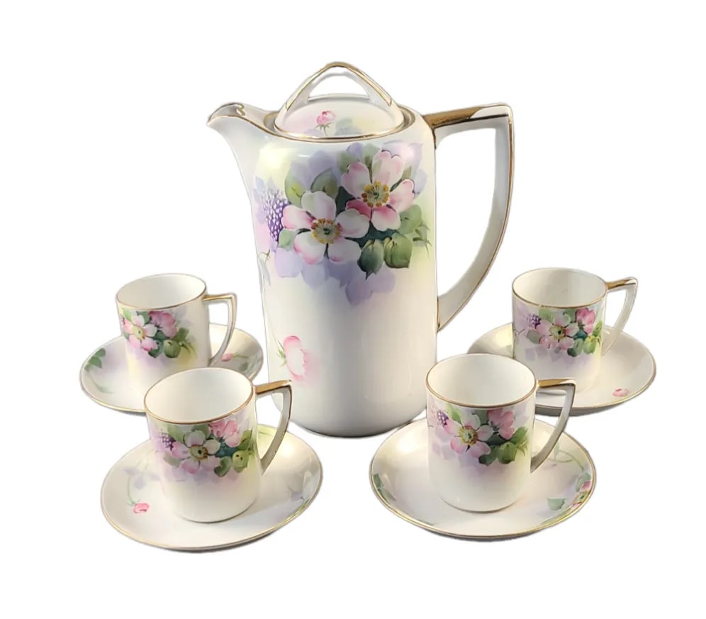 Vintage Nippon Hand-Painted Fine Porcelain Floral Chocolate Tea Set- 9 Pieces - 7