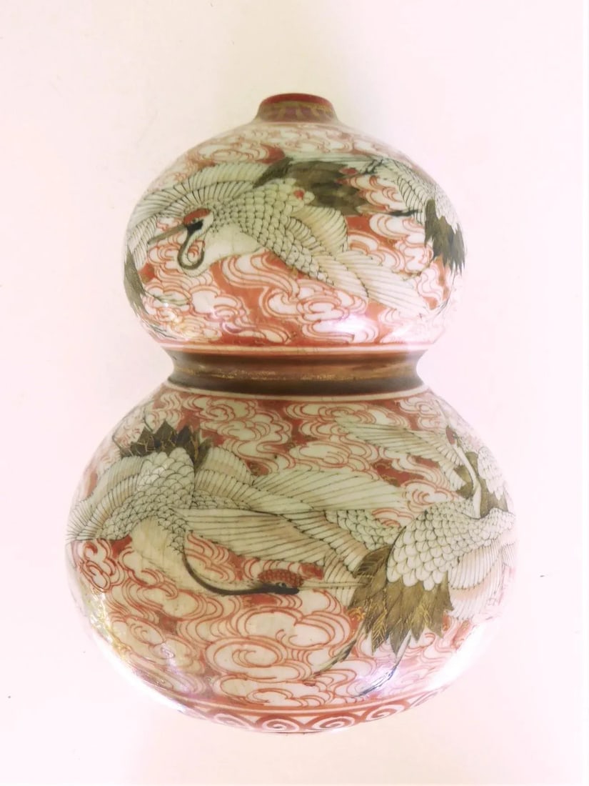 1940s Kutani Ware Handcrafted Ceramic Vessel Gourd Shape Japan - 7