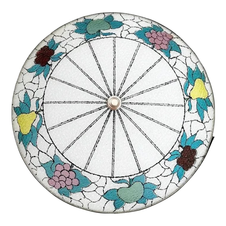 Mid Century Fruit Wheel Flush Light: Big beautiful Tiffany style frosted glass flush mount light reverse painted with a central wheel bordered by colorful fruits including pears, cherries, apples, and grapes. Designed to look like staine