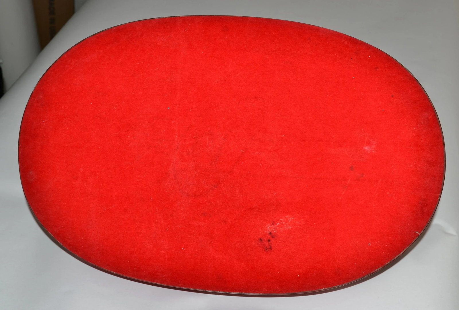 1970s Art Deco Style Oval Vanity Desk Bar Serving Tray Red Vinyl Wood Brass Handles - 10