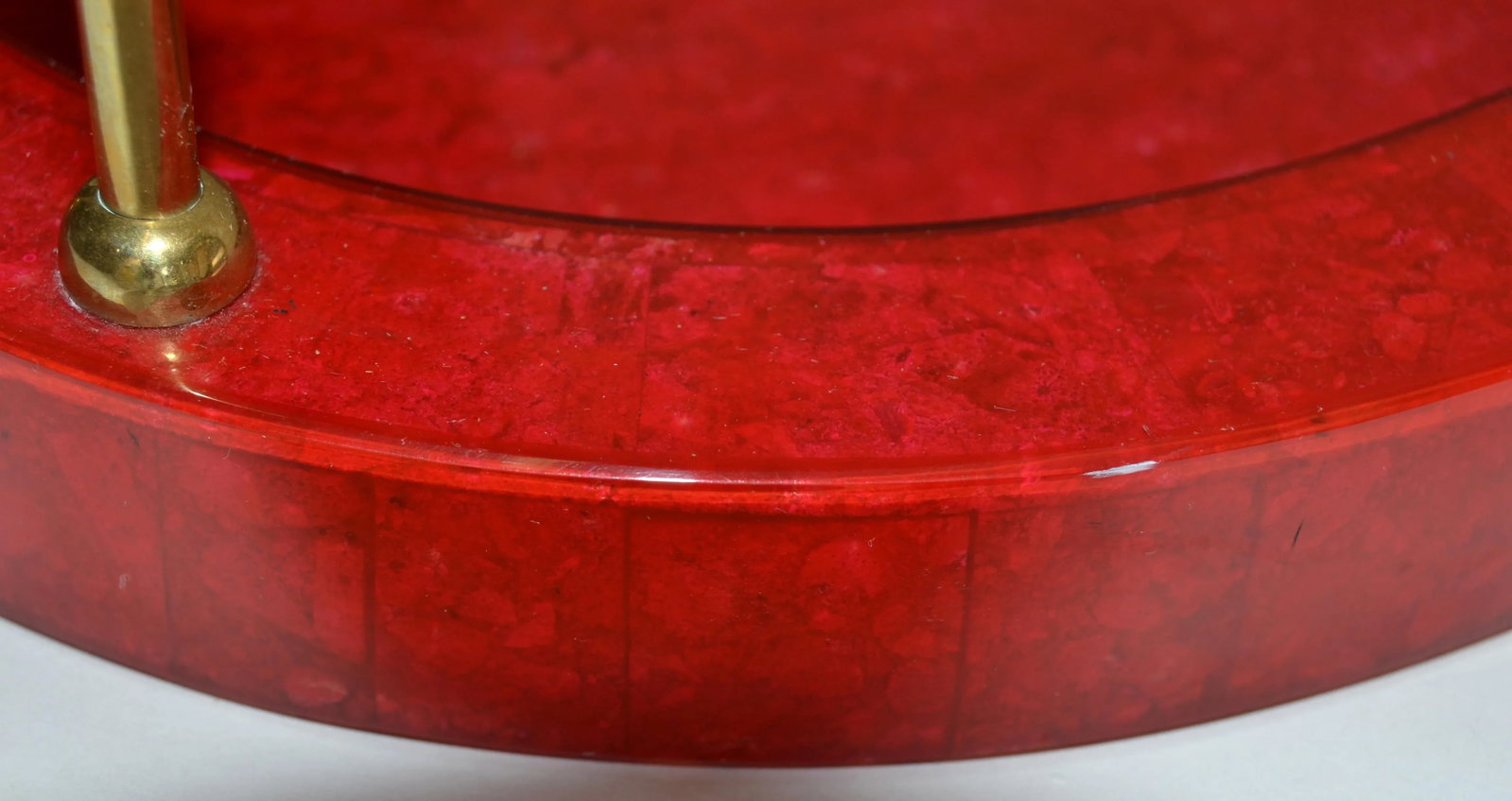 1970s Art Deco Style Oval Vanity Desk Bar Serving Tray Red Vinyl Wood Brass Handles - 11
