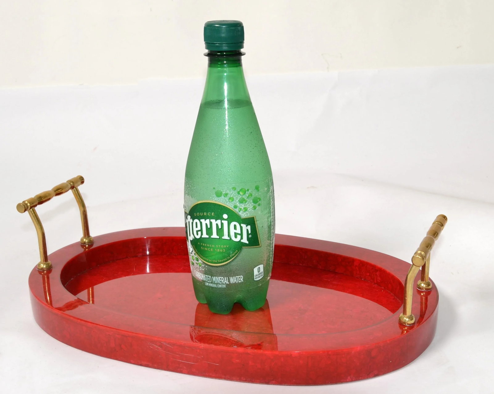 1970s Art Deco Style Oval Vanity Desk Bar Serving Tray Red Vinyl Wood Brass Handles - 12