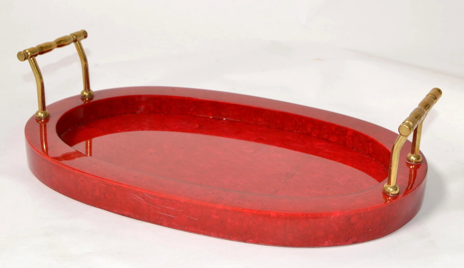 1970s Art Deco Style Oval Vanity Desk Bar Serving Tray Red Vinyl Wood Brass Handles - 13