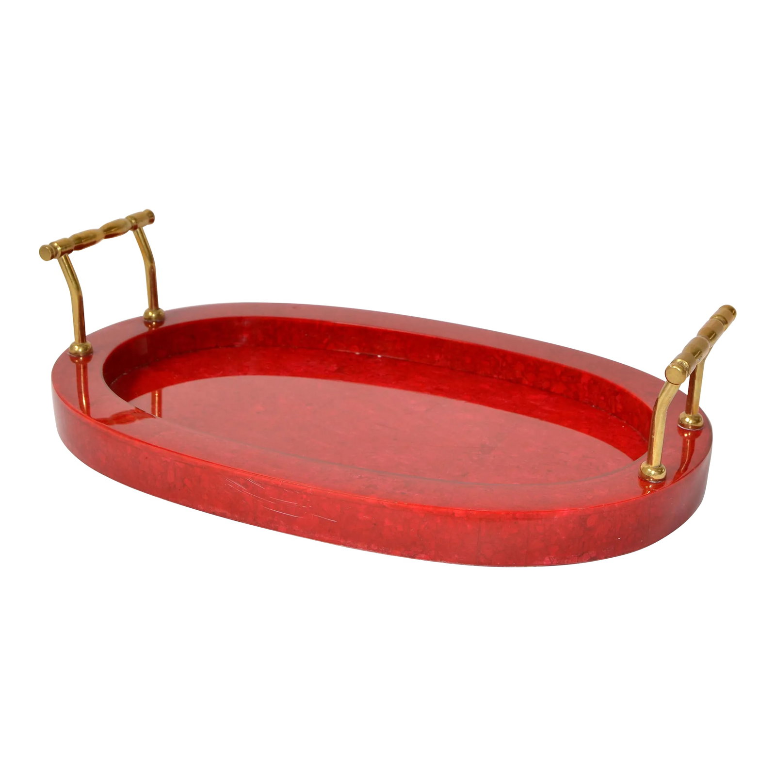 1970s Art Deco Style Oval Vanity Desk Bar Serving Tray Red Vinyl Wood Brass Handles: Art Deco Style oval Vanity Tray, Bar Tray or Serving Tray for Your Martini Evening. Red Marble Texture Vinyl over Wood and Brass Handles for easy Handling to carry items around. The Base is covered in