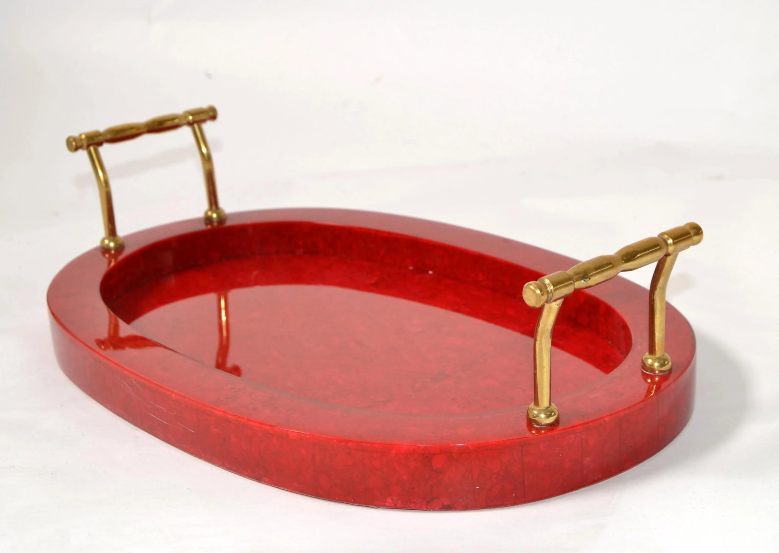 1970s Art Deco Style Oval Vanity Desk Bar Serving Tray Red Vinyl Wood Brass Handles - 2