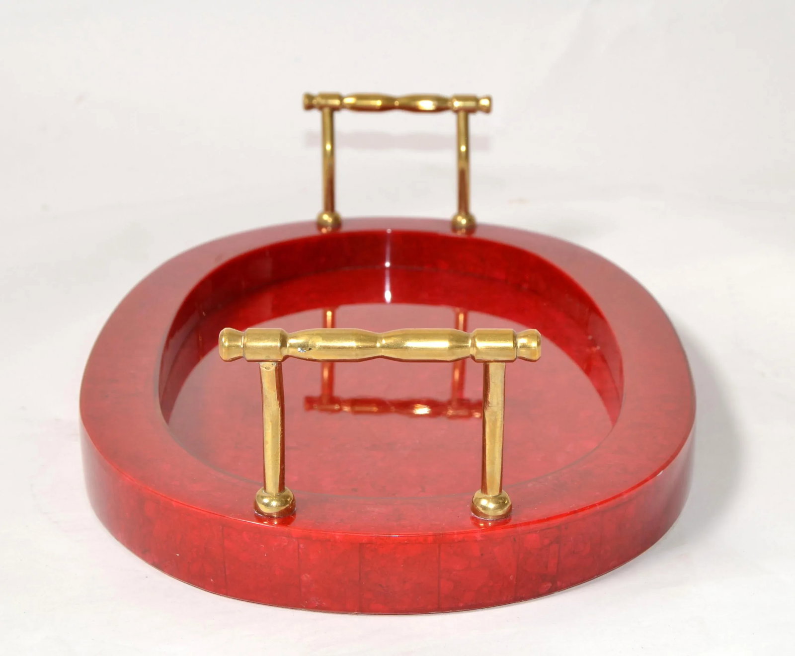 1970s Art Deco Style Oval Vanity Desk Bar Serving Tray Red Vinyl Wood Brass Handles - 3