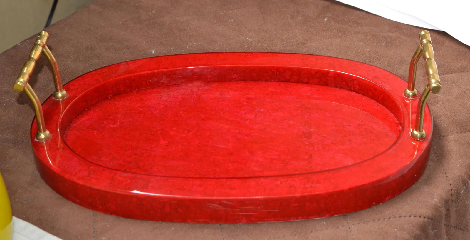 1970s Art Deco Style Oval Vanity Desk Bar Serving Tray Red Vinyl Wood Brass Handles - 4