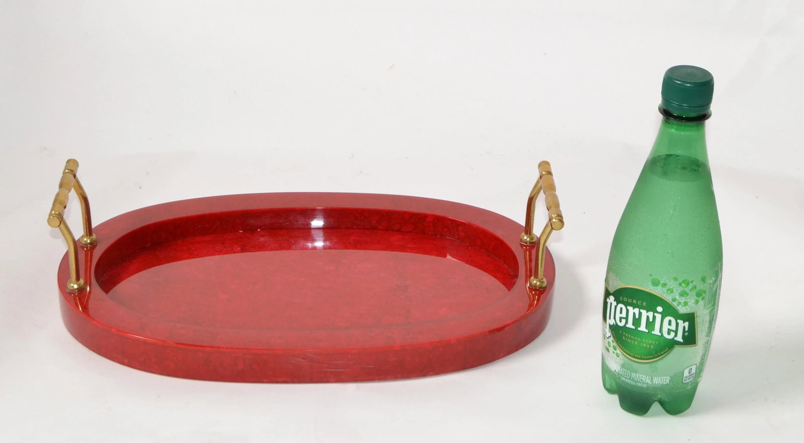 1970s Art Deco Style Oval Vanity Desk Bar Serving Tray Red Vinyl Wood Brass Handles - 5