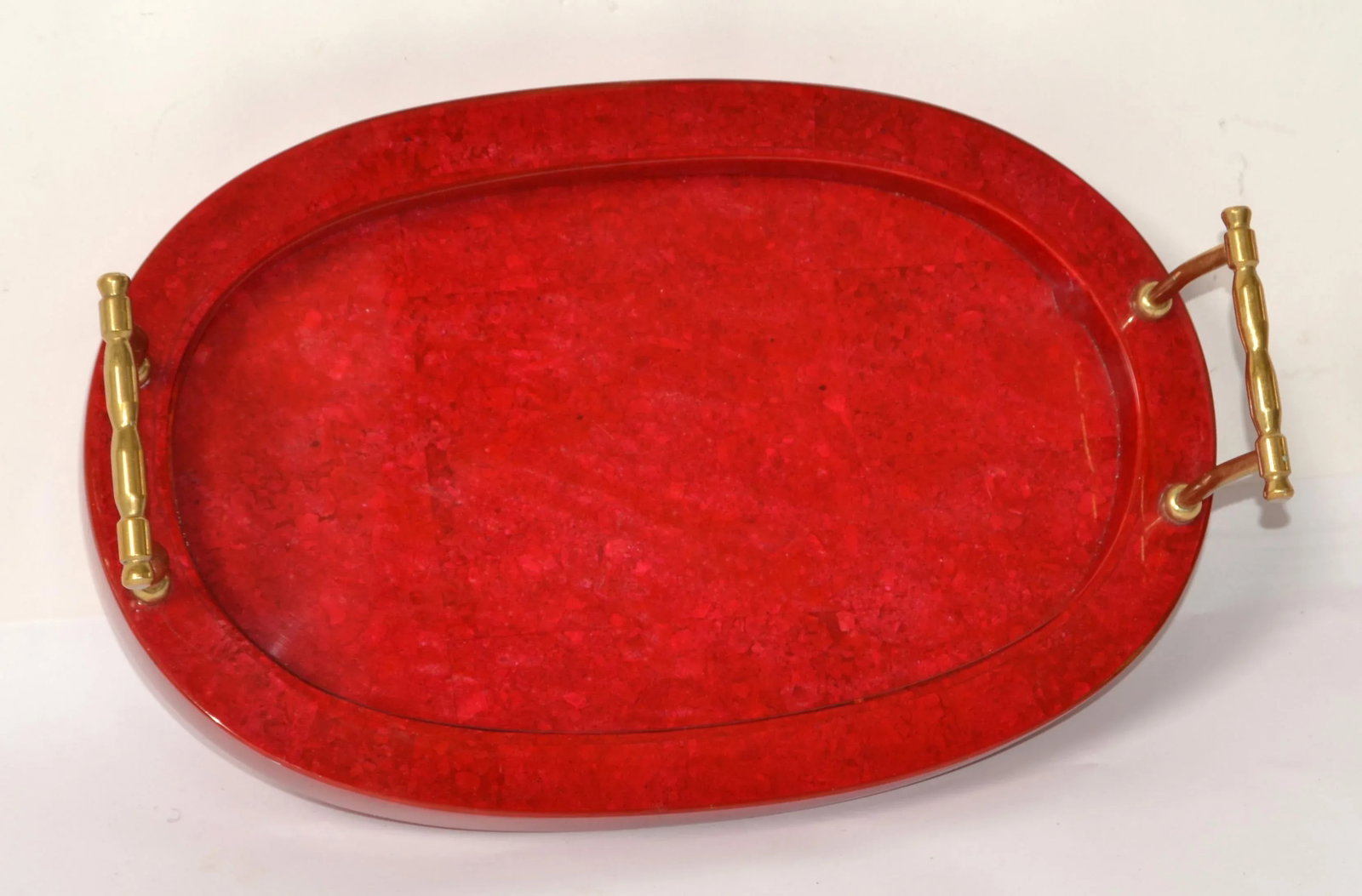 1970s Art Deco Style Oval Vanity Desk Bar Serving Tray Red Vinyl Wood Brass Handles - 6