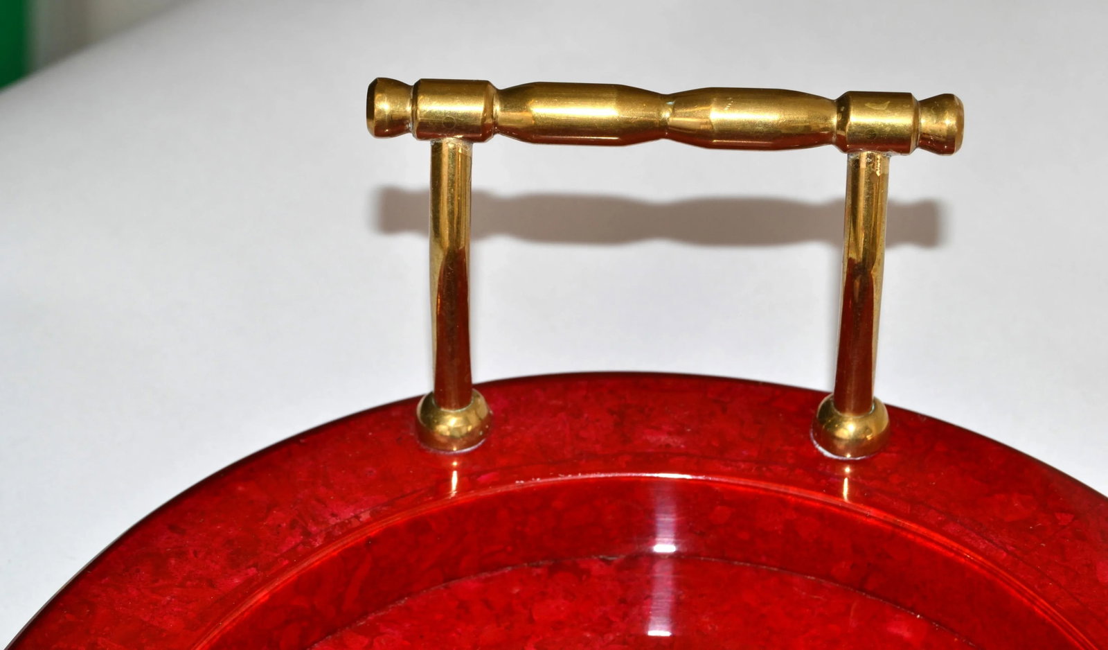 1970s Art Deco Style Oval Vanity Desk Bar Serving Tray Red Vinyl Wood Brass Handles - 7