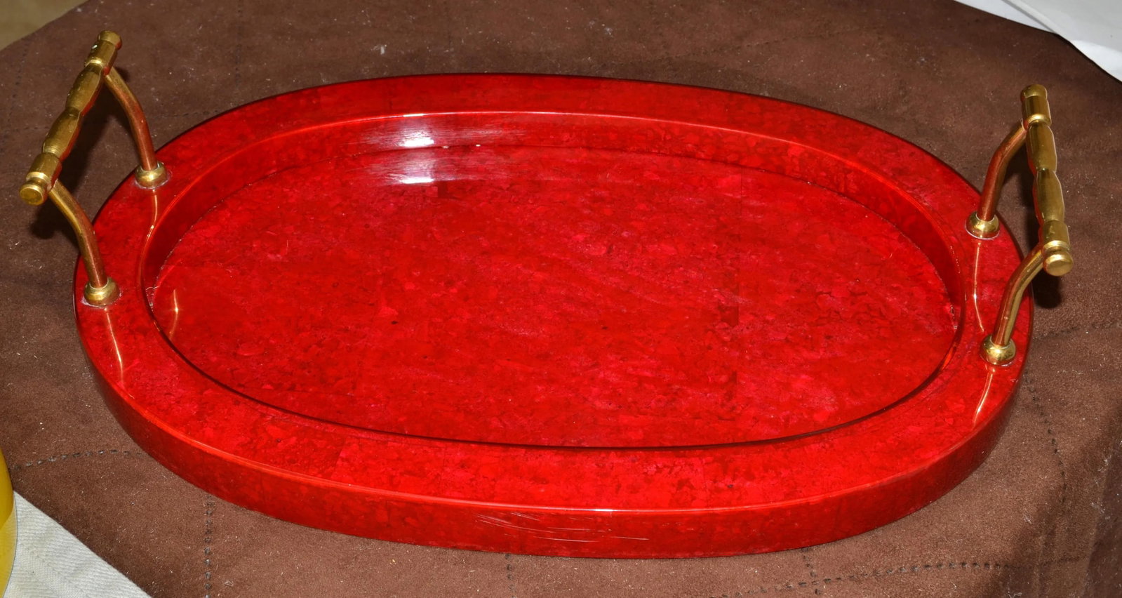 1970s Art Deco Style Oval Vanity Desk Bar Serving Tray Red Vinyl Wood Brass Handles - 9