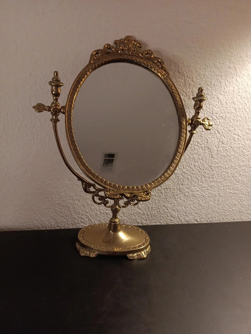 1950s Art Nouveau Ornate Brass Swinging Pedestal Vanity Mirror - 2