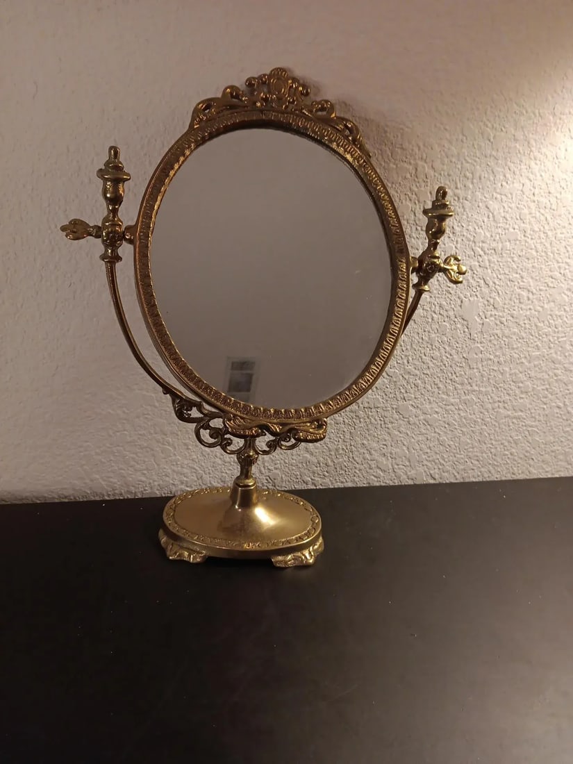 1950s Art Nouveau Ornate Brass Swinging Pedestal Vanity Mirror - 4
