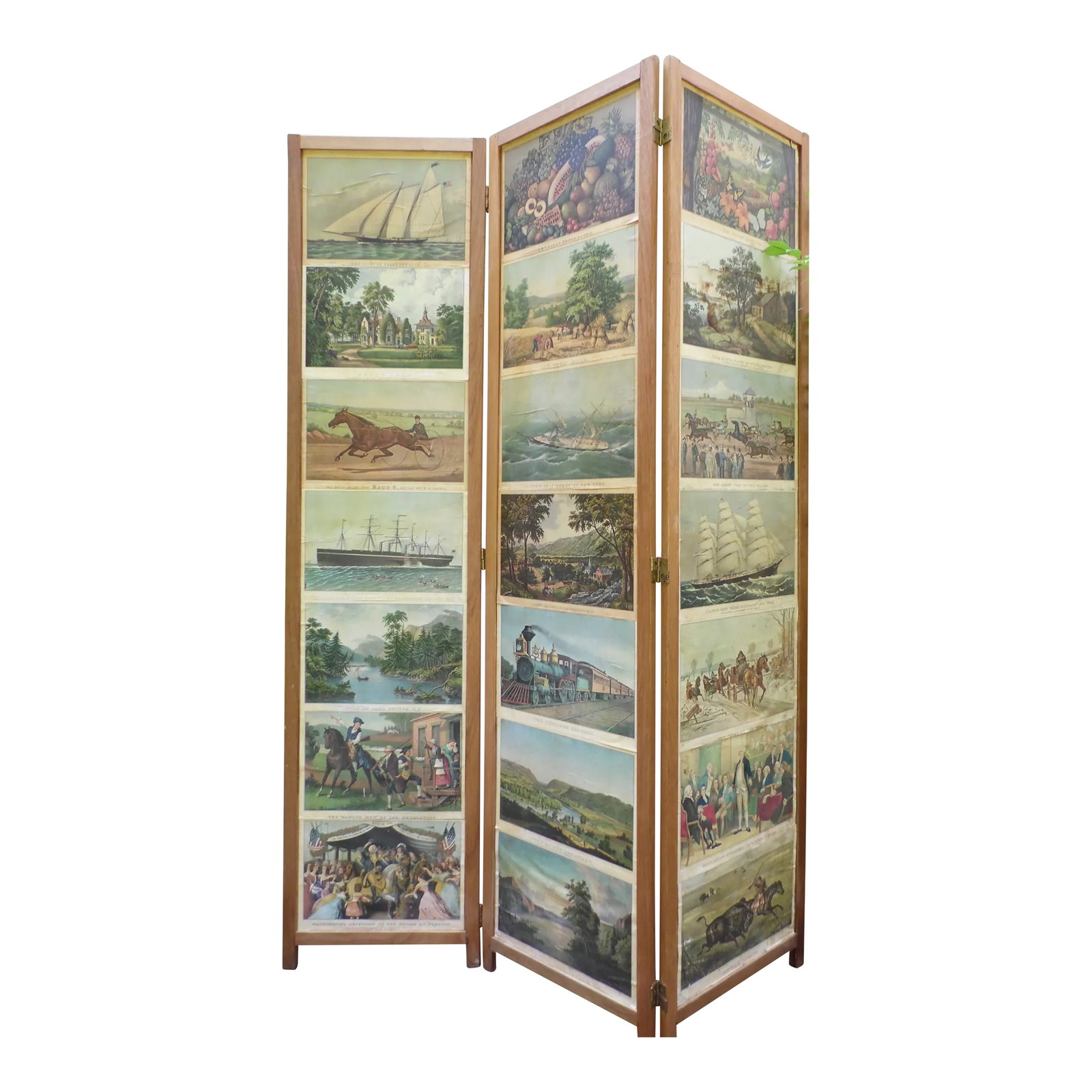 Vintage 3 Panel Folding Room Divider Privacy Dressing Screen Currier Ives Prints (1 of 13)