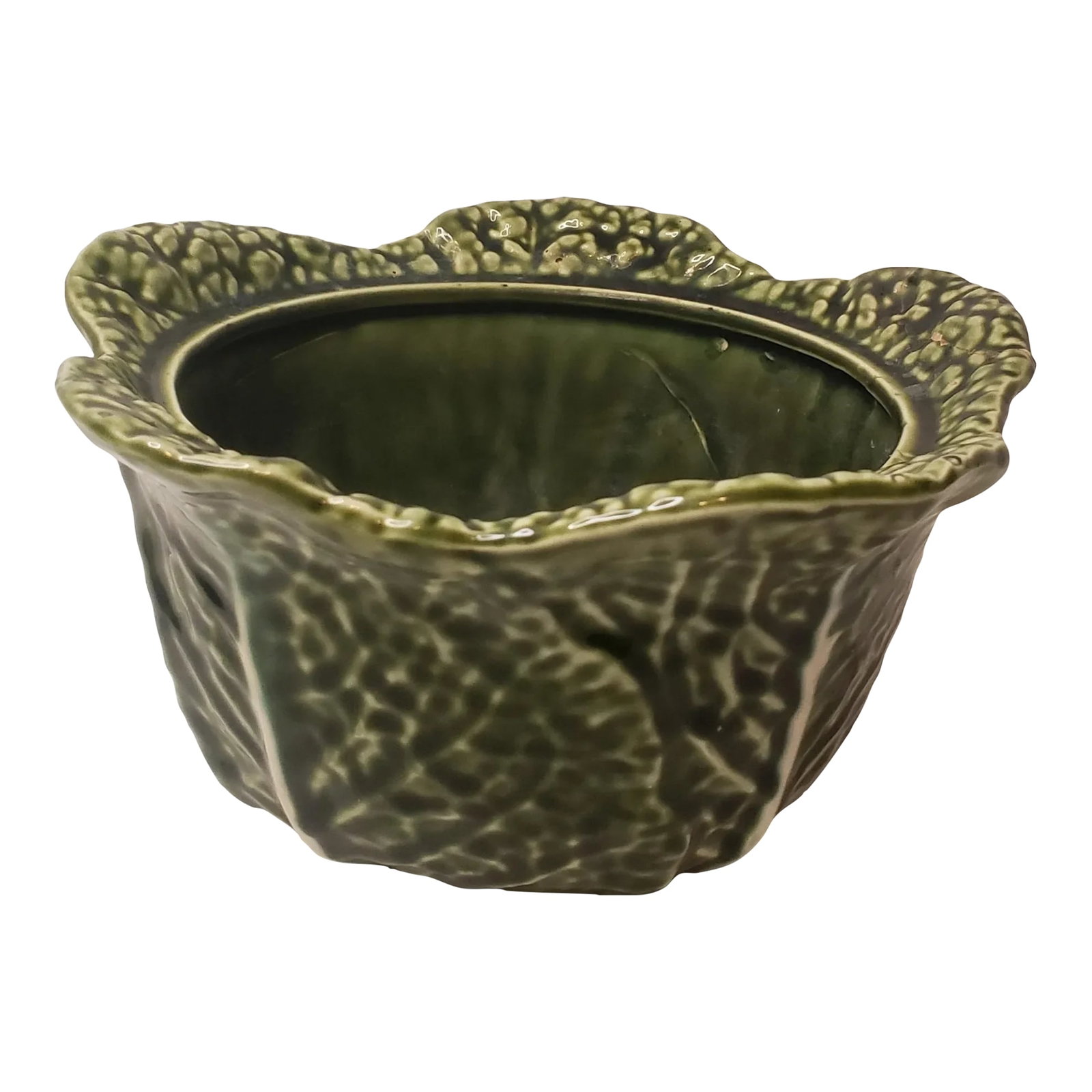 Vintage Majolica Dark Green Cabbage Bowl Jay Willfred/Andrea Sadek: We love this extraordinary cabbage bowl for the very popular MCM style and deep green color. There may have been a lid, as there seems to be a lip around the top of the inside. This piece will hold a