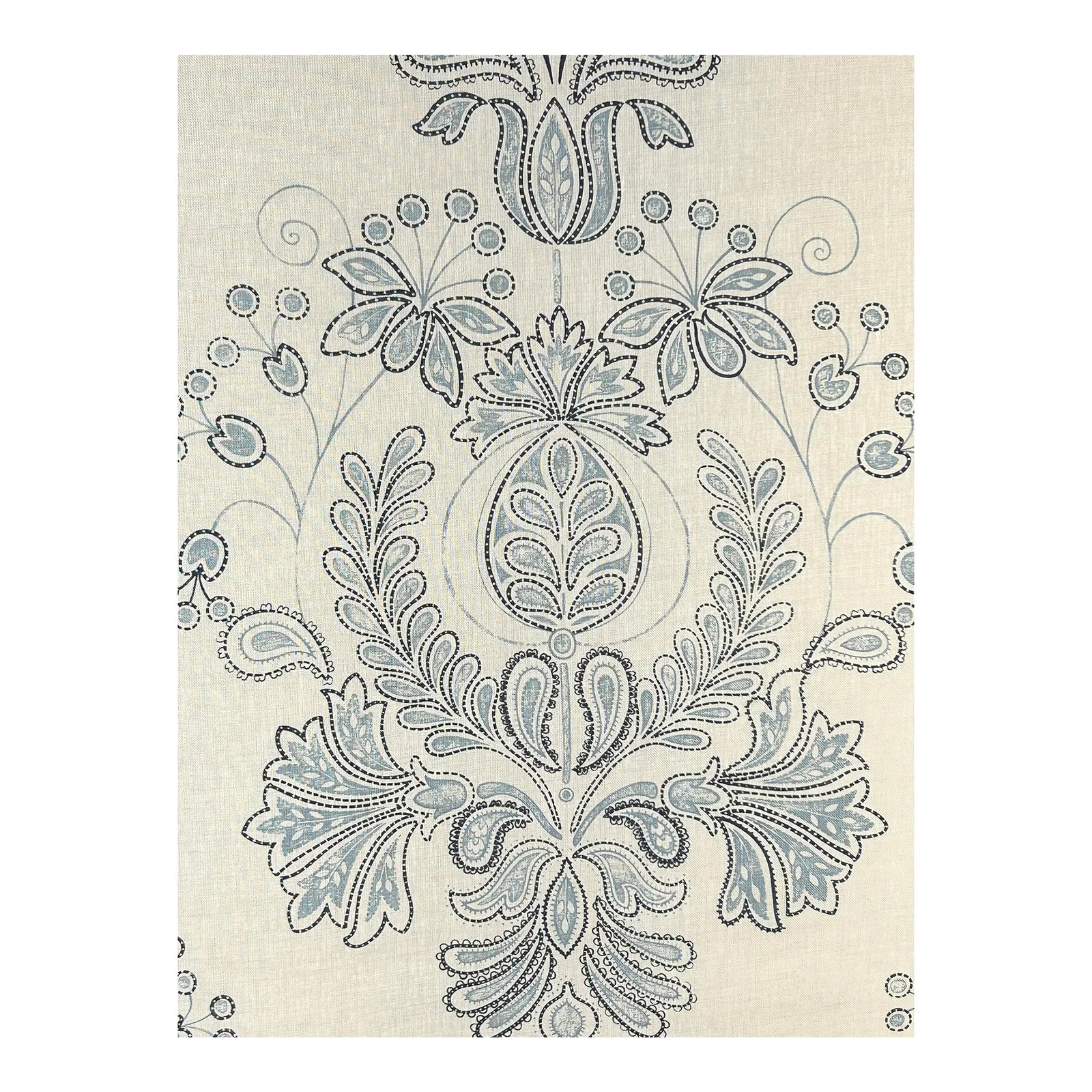 Guy Goodfellow's "Remy" Hand Print- 2 Yards: A light and airy printed interpretation of an embroidered floral medallion in shades of blues on off-white. Perfect for an oversized pillow! BRAND: GUY GOODFELLOW DESIGN NAME: REMY DESIGN NUMBER: