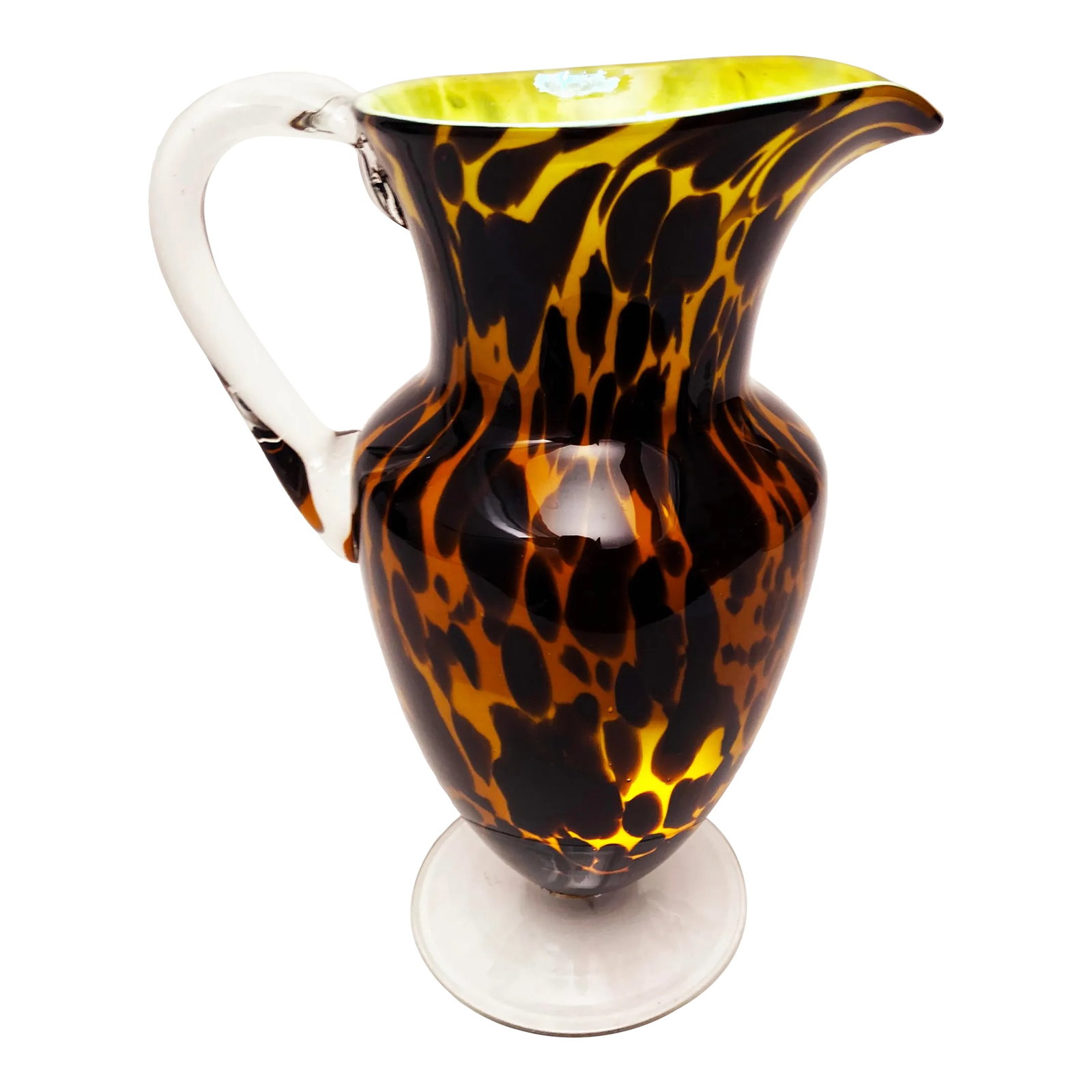 1990s Vintage Hand-Crafted Art Glass Murano-Style Leopard Pitcher: Looking for that unusual and rare hand-crafted piece for your bar or entertaining purposes? This piece could be your find! This rare Murano style art glass pitcher from Italy is spectacular with the u