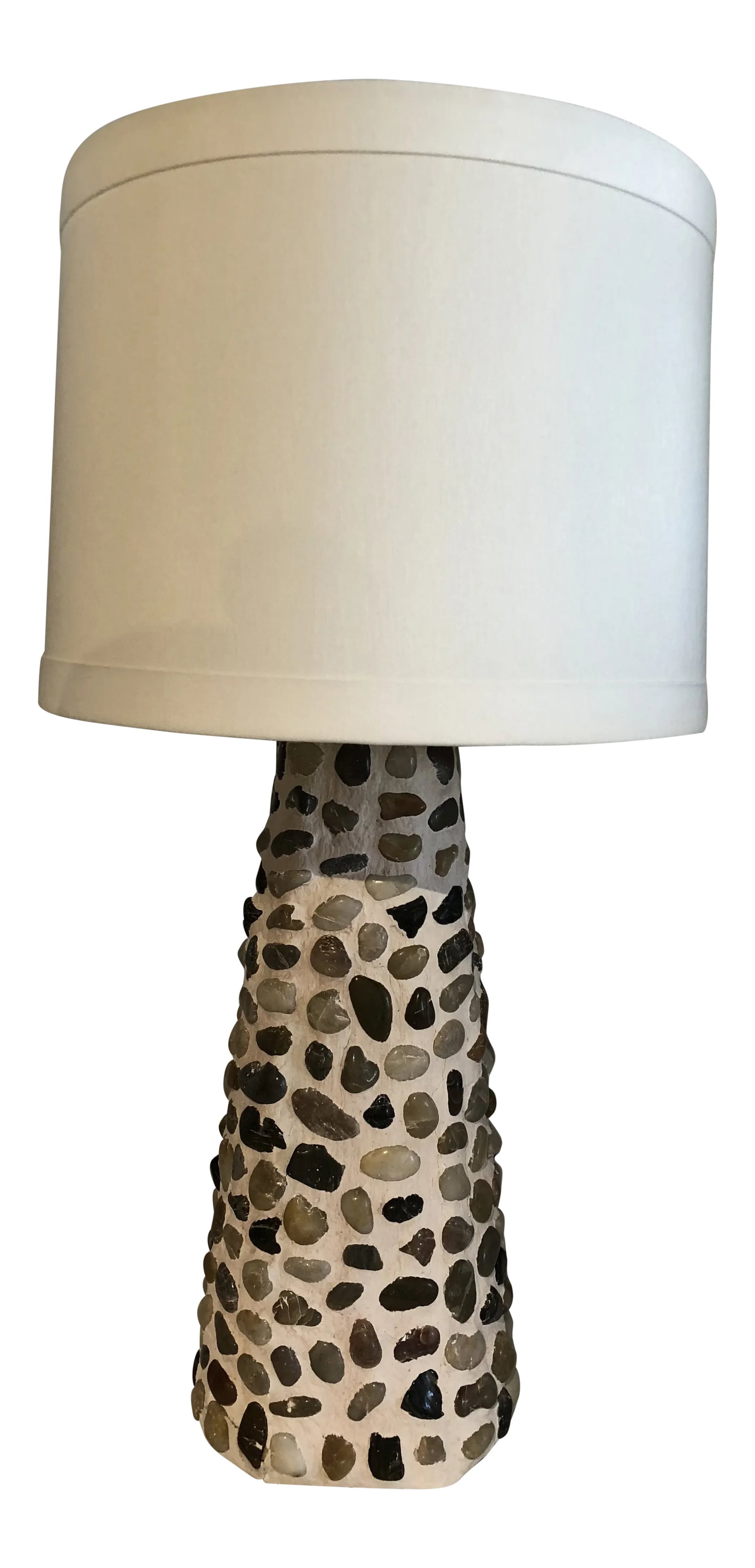 Modern Day Arts & Crafts River Stone Table Lamp: Modern day arts and crafts river stone table lamp. A nicely weighted lamp with custom linen lampshade having wide width at top and bottom. Nice look for any setting in your home or office. Width and