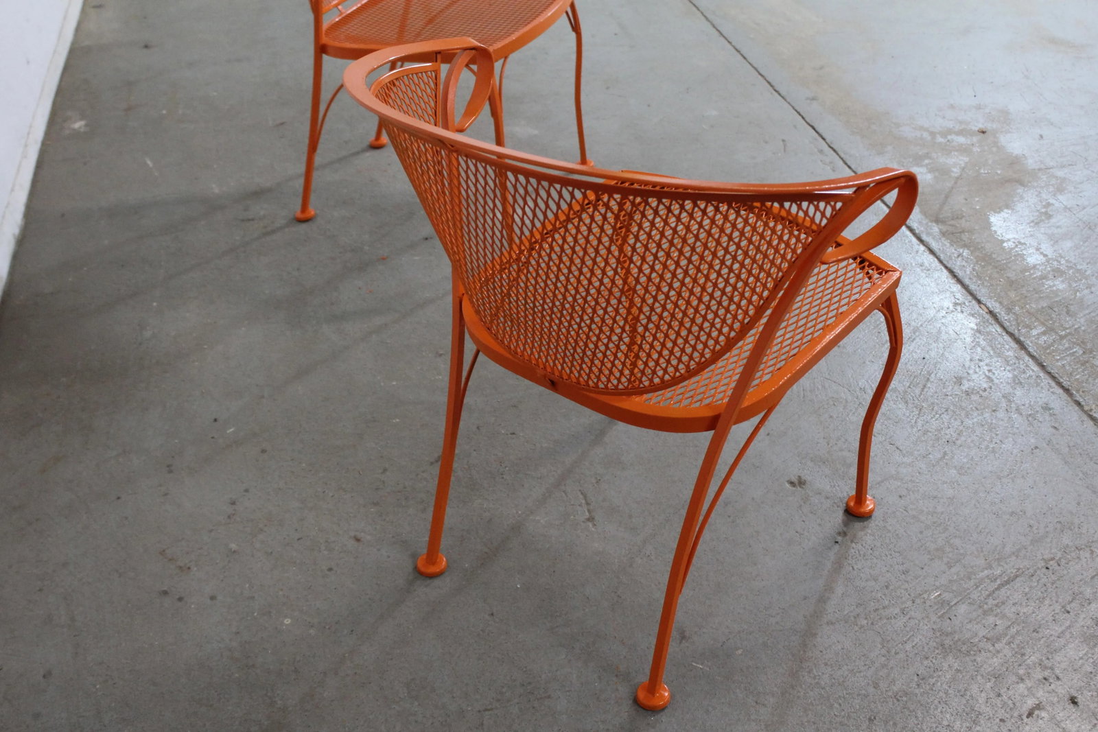 Pair of Mid-Century Modern Atomic Orange Salterini Style Outdoor Metal Curved Back Chairs Set B - 10