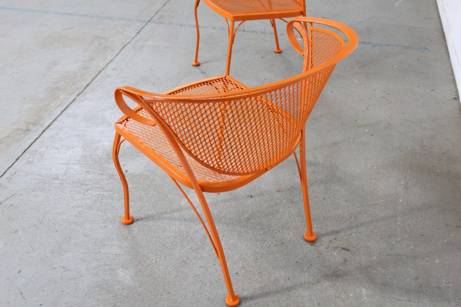 Pair of Mid-Century Modern Atomic Orange Salterini Style Outdoor Metal Curved Back Chairs Set B - 11