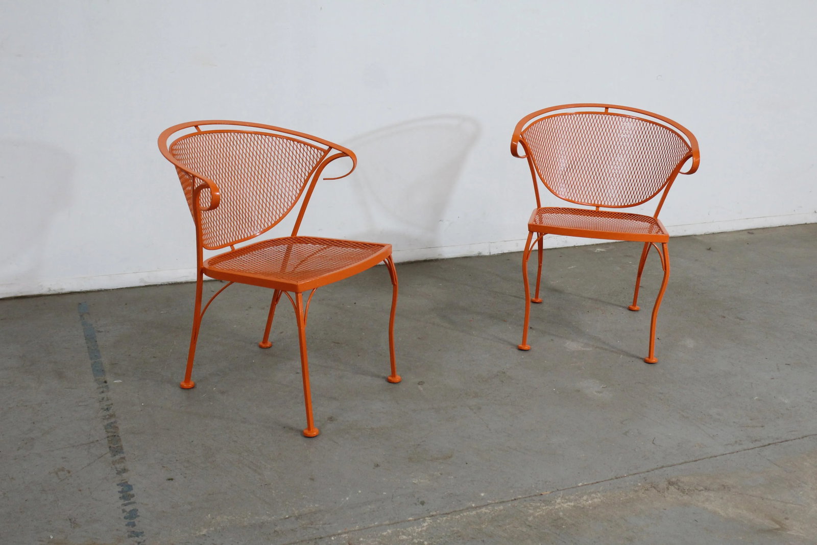 Pair of Mid-Century Modern Atomic Orange Salterini Style Outdoor Metal Curved Back Chairs Set B - 13