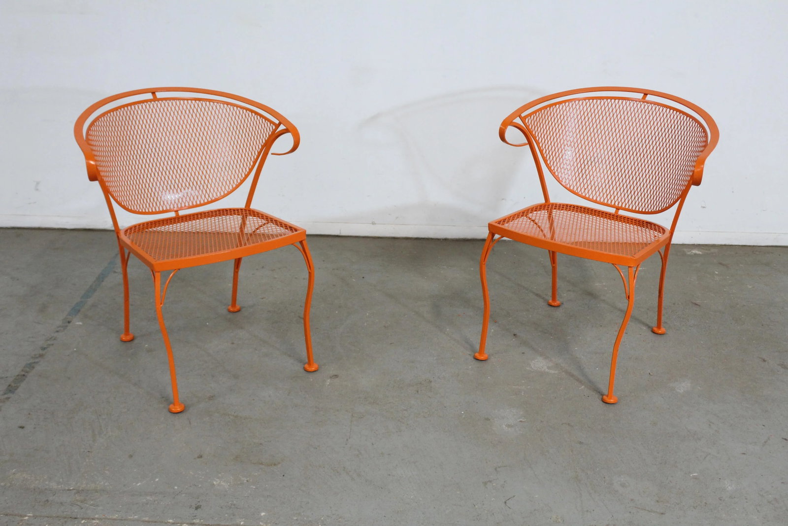 Pair of Mid-Century Modern Atomic Orange Salterini Style Outdoor Metal Curved Back Chairs Set B - 2