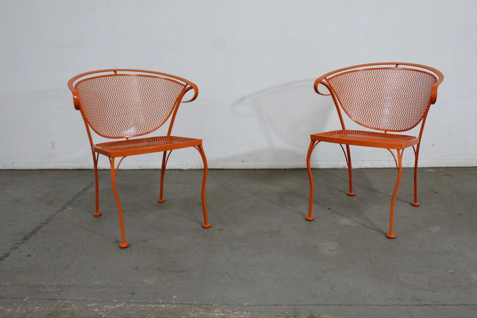 Pair of Mid-Century Modern Atomic Orange Salterini Style Outdoor Metal Curved Back Chairs Set B - 4