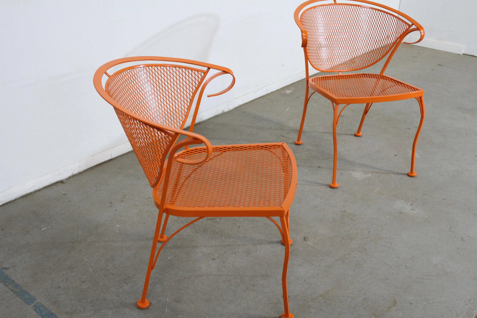 Pair of Mid-Century Modern Atomic Orange Salterini Style Outdoor Metal Curved Back Chairs Set B - 5