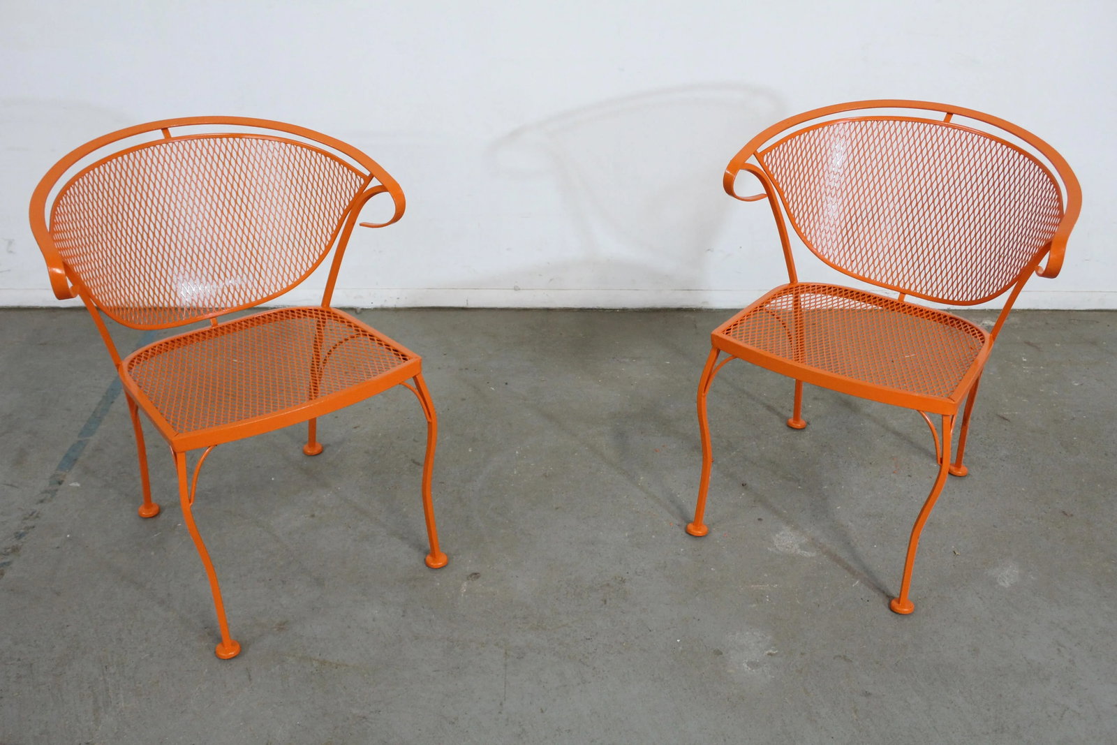 Pair of Mid-Century Modern Atomic Orange Salterini Style Outdoor Metal Curved Back Chairs Set B - 7