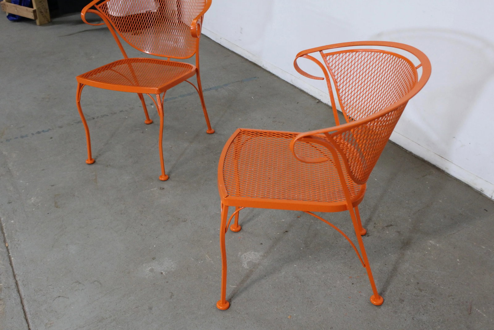 Pair of Mid-Century Modern Atomic Orange Salterini Style Outdoor Metal Curved Back Chairs Set B - 9