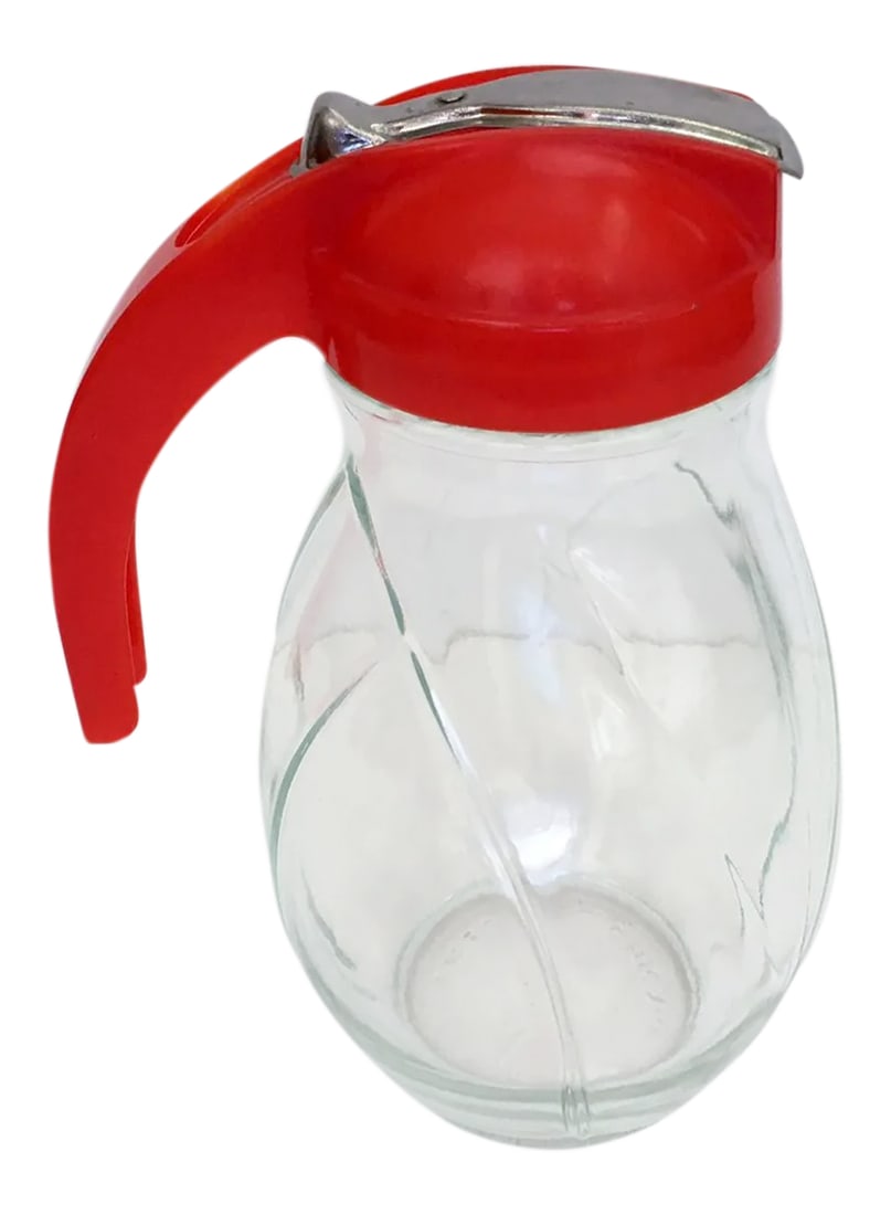Vintage Diner Style Syrup/Sugar Dispenser: 1950s diner style syrup or sugar dispenser made in Chicago by Federal Tool Corp. Plastic lid with metal pull-back opening fits swirl patterned glass base. Few very tiny scratches on glass from use.
