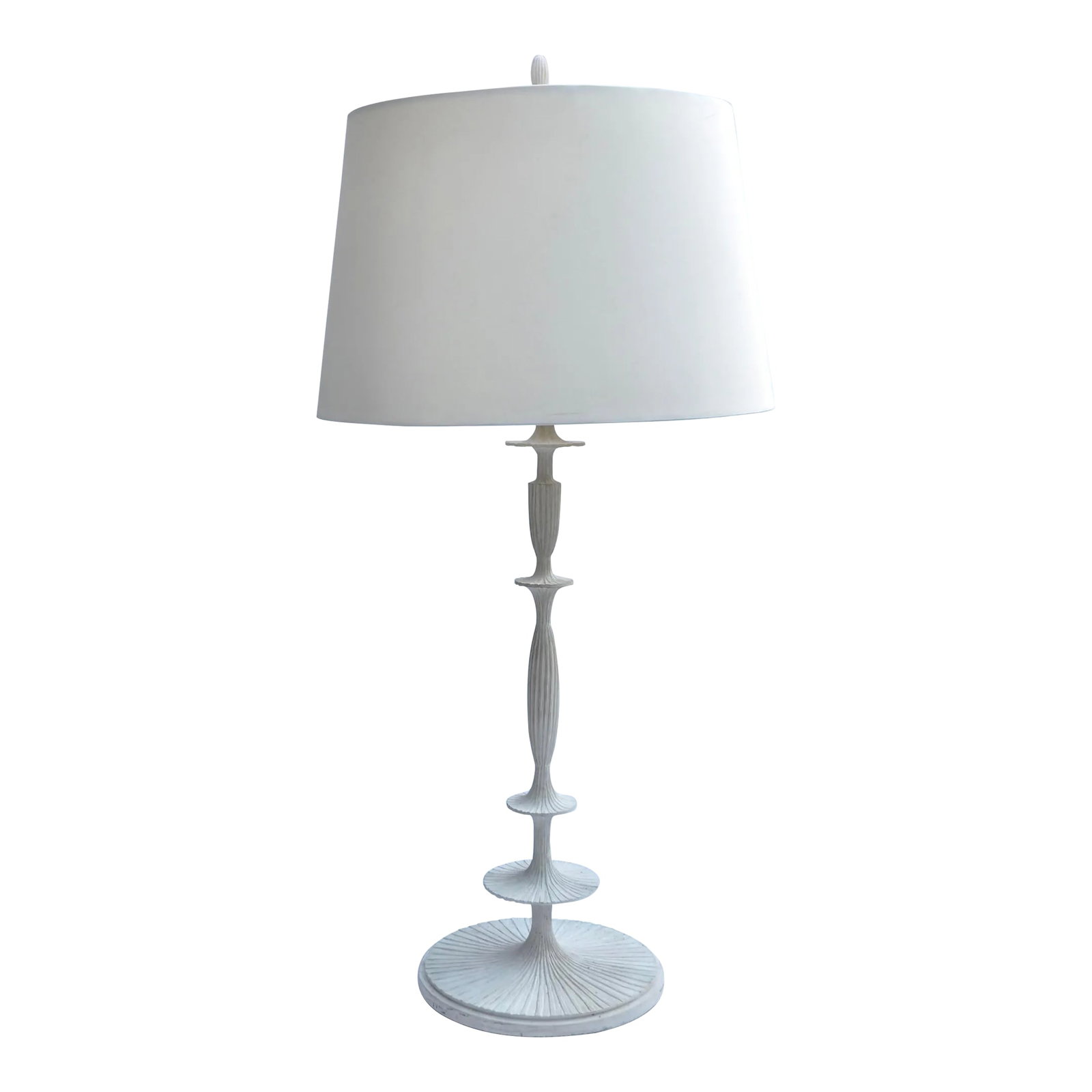 Barbara Barry Lotus Table Lamp With Silk Shade: Elegant "Lotus" table lamp, designed by Barbara Barry for Visual Comfort, white resin bases, height adjustable with silk shade and dimmer. Chip at top of lamp under the shade. Condition: Alterations: