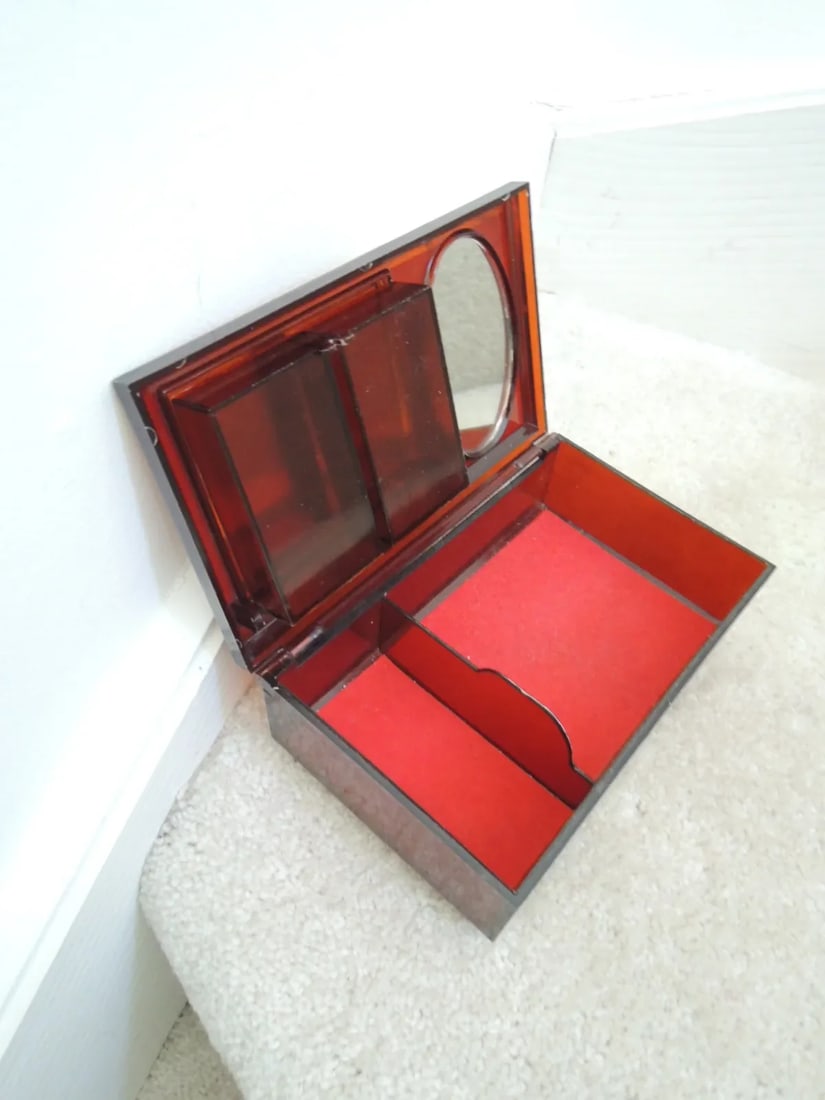 1960s Vintage Jewelry Box with Marbled Lid Hinged Compartment + 2 Mirrors - 10