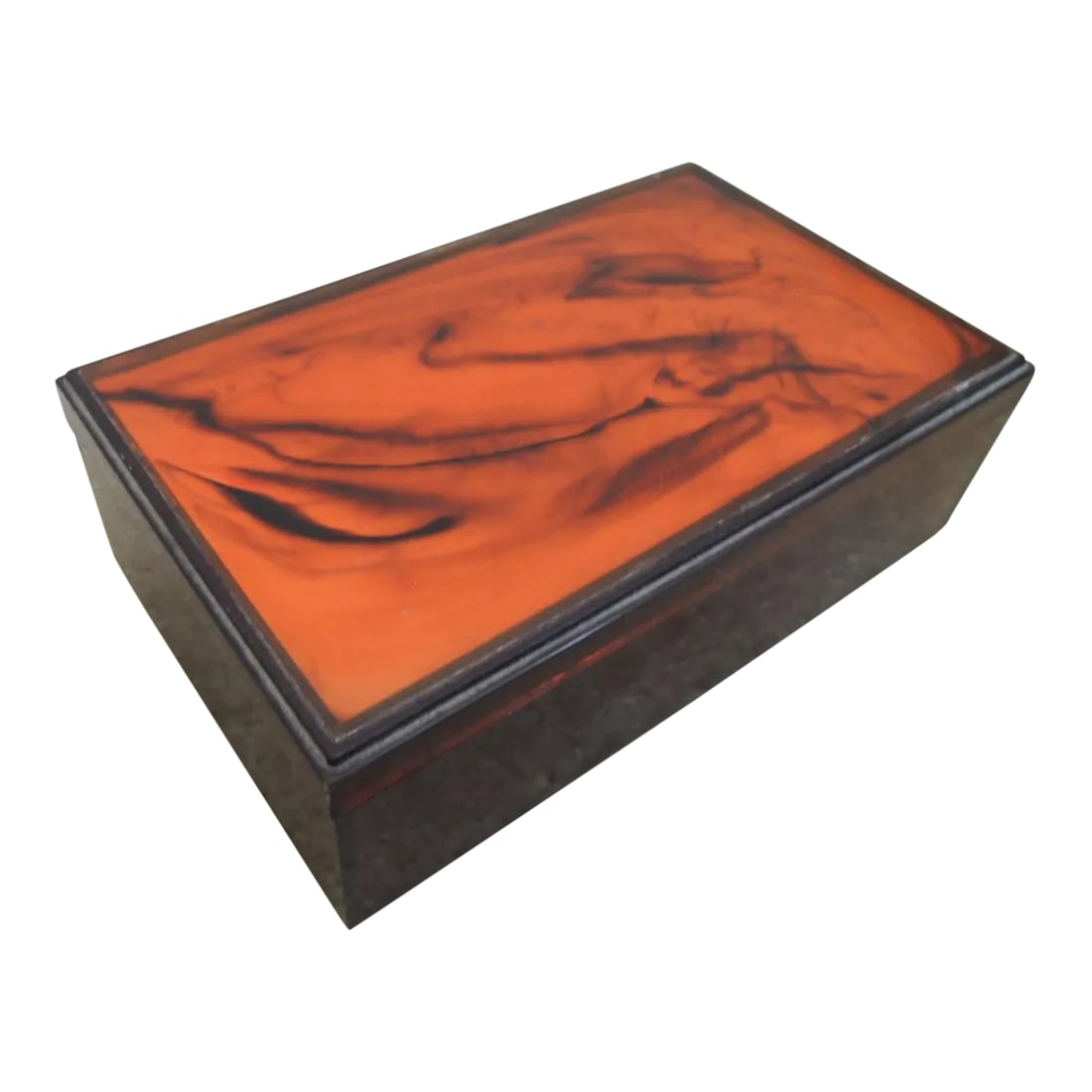 1960s Vintage Jewelry Box with Marbled Lid Hinged Compartment + 2 Mirrors: This vintage 1960s, jewelry box has 2 top lid hinges and stands on four 1/2" tall feet. The top has a marbled effect in the sturdy hard plastic-like material for added detail. The box overall is a