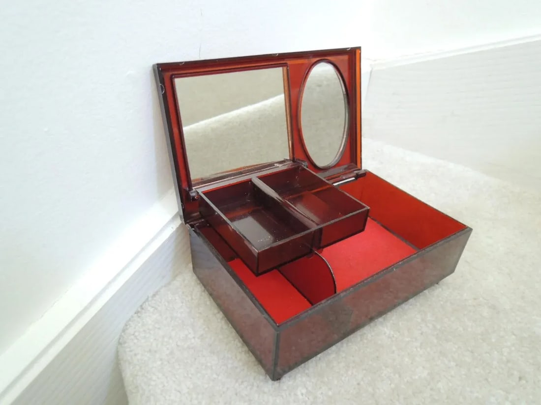 1960s Vintage Jewelry Box with Marbled Lid Hinged Compartment + 2 Mirrors - 2