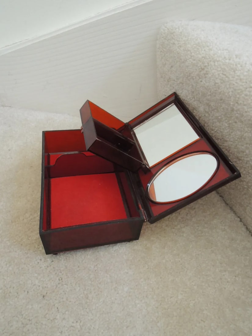 1960s Vintage Jewelry Box with Marbled Lid Hinged Compartment + 2 Mirrors - 4