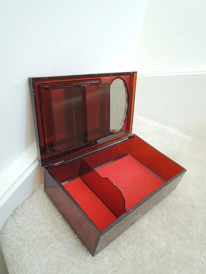 1960s Vintage Jewelry Box with Marbled Lid Hinged Compartment + 2 Mirrors - 6