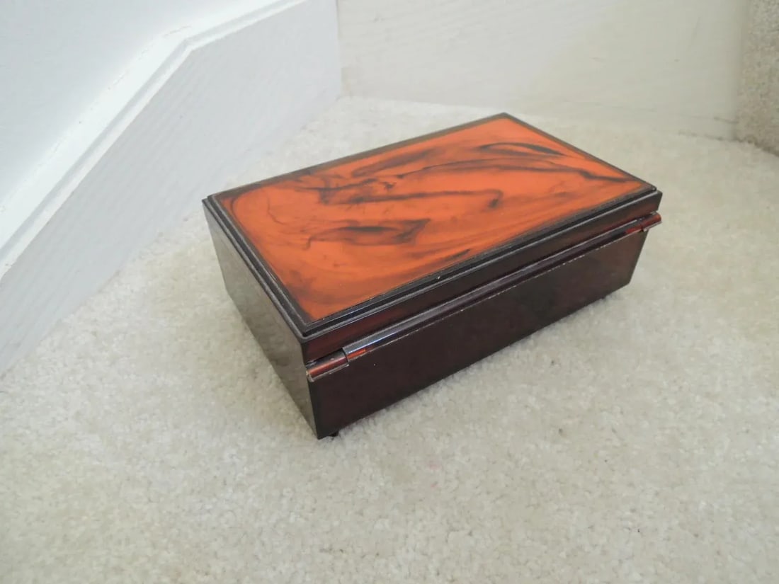 1960s Vintage Jewelry Box with Marbled Lid Hinged Compartment + 2 Mirrors - 8