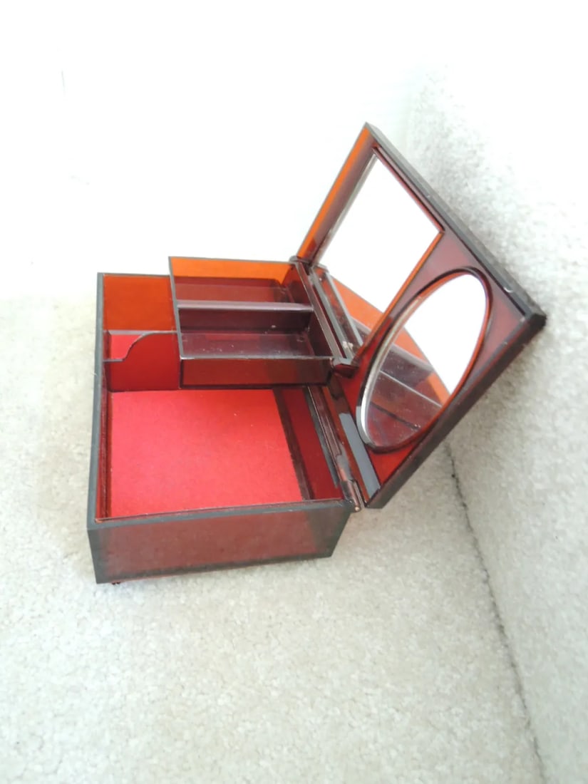 1960s Vintage Jewelry Box with Marbled Lid Hinged Compartment + 2 Mirrors - 9
