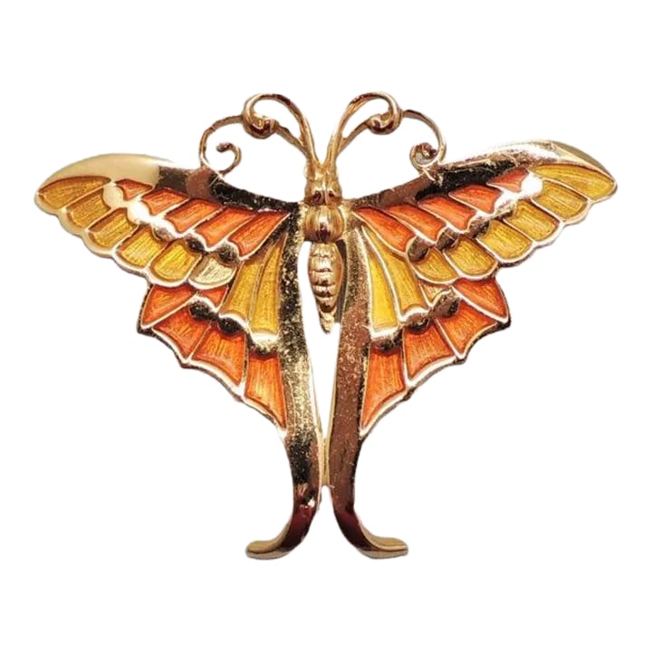 Circa 1972 Vintage Signed Napier Orange & Yellow Enamel Butterfly Brooch: This is part of Chairish's Costume Jewelry assortment. Goldtone orange and yellow enamel butterfly brooch with security clasp. Marked "Napier." Measures: 2 1/8 inches long by 2 3/4 inches wide. Condit