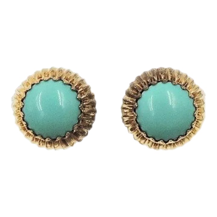 Vintage 1960s Signed Castlecliff Goldtone Cabochon Faux-Turquoise Domed Clip Earrings - 2 Pieces: This is part of Chairish's Costume Jewelry assortment. 1960s goldtone prong set cabochon faux-turquoise ribbed domed round clip back earrings. Marked "Castlecliff." Measures: 1 inch across and 3/4