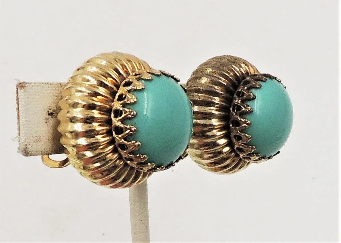 Vintage 1960s Signed Castlecliff Goldtone Cabochon Faux-Turquoise Domed Clip Earrings - 2 Pieces - 5
