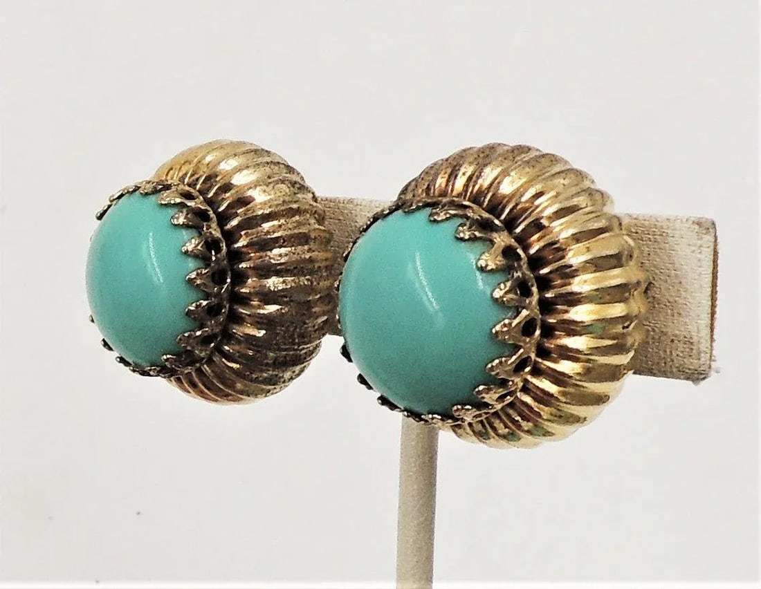 Vintage 1960s Signed Castlecliff Goldtone Cabochon Faux-Turquoise Domed Clip Earrings - 2 Pieces - 6