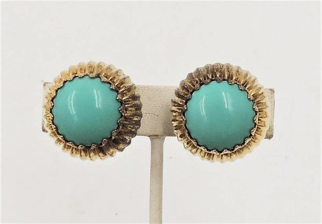 Vintage 1960s Signed Castlecliff Goldtone Cabochon Faux-Turquoise Domed Clip Earrings - 2 Pieces - 7