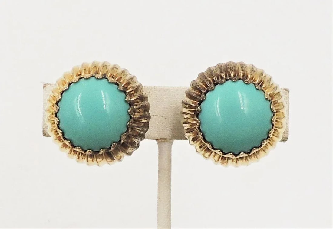 Vintage 1960s Signed Castlecliff Goldtone Cabochon Faux-Turquoise Domed Clip Earrings - 2 Pieces - 8